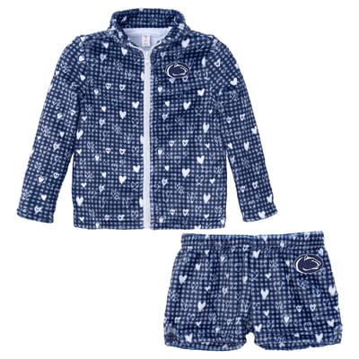 Penn State Nittany Lions ZooZatz Girls Toddler Heart Plaid Plush Full-Zip Jacket & Shorts Set - Navy