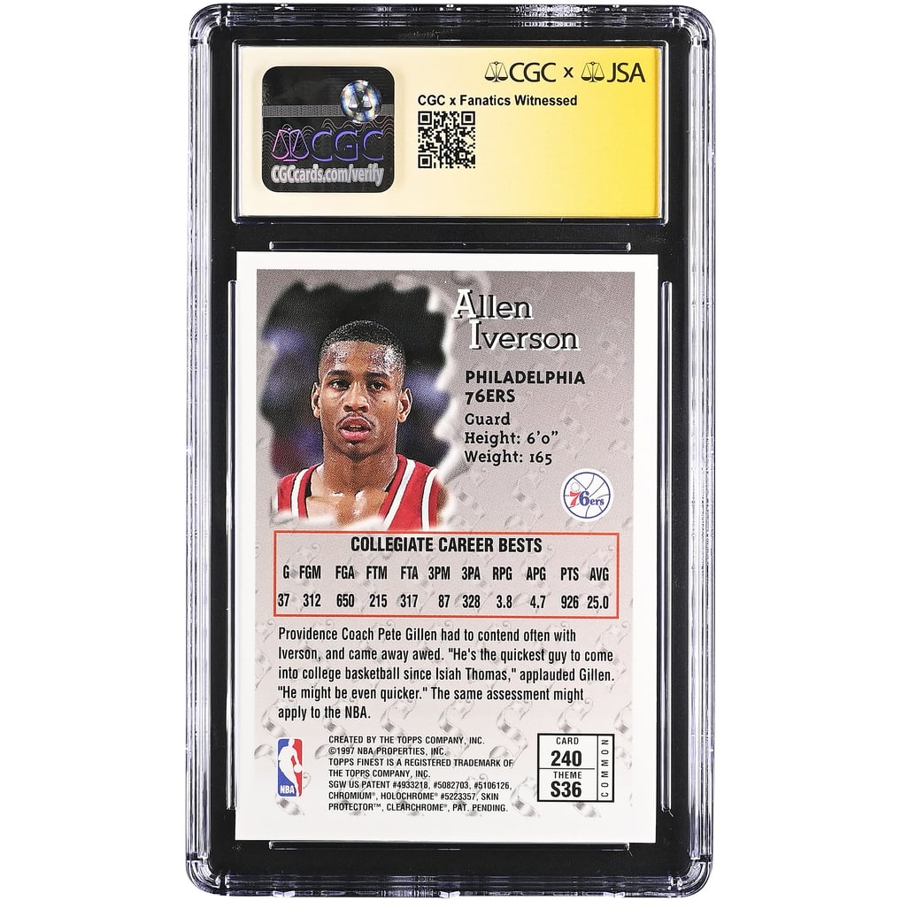 Allen Iverson Philadelphia 76ers Autographed 1996-97 Topps Finest #240 ...