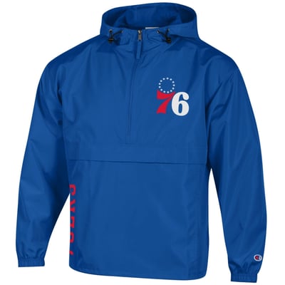  Philadelphia 76ers Champion Packable Lightweight Hooded Windbreaker Half-Zip Jacket - Royal