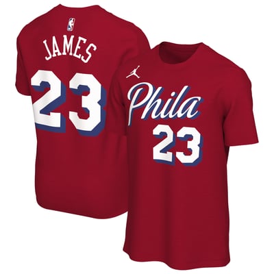 LeBron James Philadelphia 76ers Jordan Brand Unisex Statement Edition Name & Number T-Shirt - Red