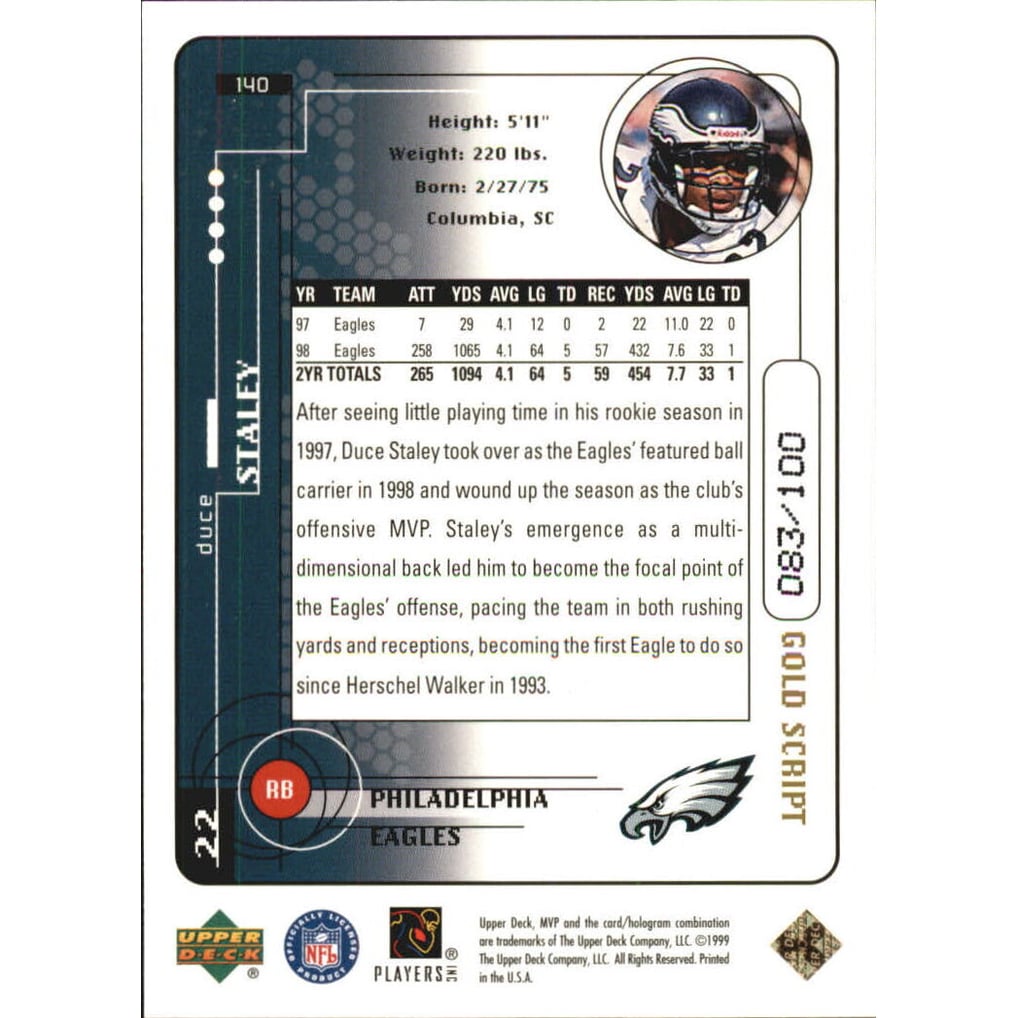 1999 Upper Deck MVP Gold Script #140 Duce Staley