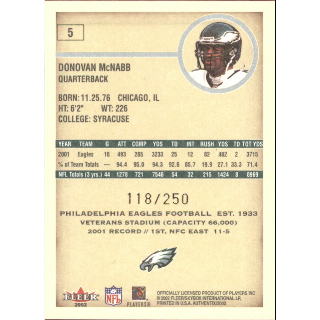 2002 Fleer Authentix Second Row #5 Donovan McNabb