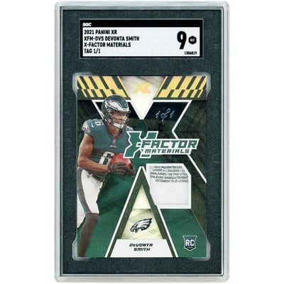 DeVonta Smith Philadelphia Eagles 2021 Panini Xr X-Fractor Materials Laundry Tag Relic #XFM-DVS #1/1 SGC Authenticated 9 Rookie Card 