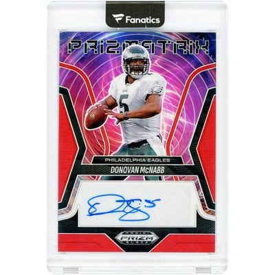 Donovan McNabb Philadelphia Eagles Autographed 2025 Panini Prizm Black Prizmatrix Signatures Red Prizm #PS-DMB #42/99 Card 