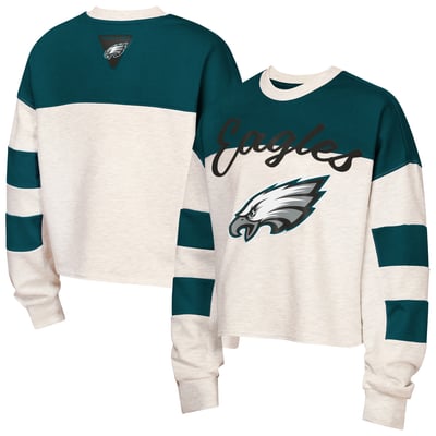 Philadelphia Eagles Outerstuff Girls Youth Dynasty Terry Sweatshirt - Cream/Midnight Green