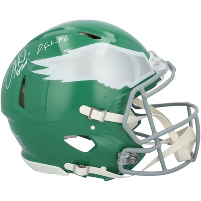 Jalen Hurts & DeVonta Smith Philadelphia Eagles Autographed Fanatics Authentic Riddell Kelly Green Speed Authentic Helmet with "Go Birds" Inscription 