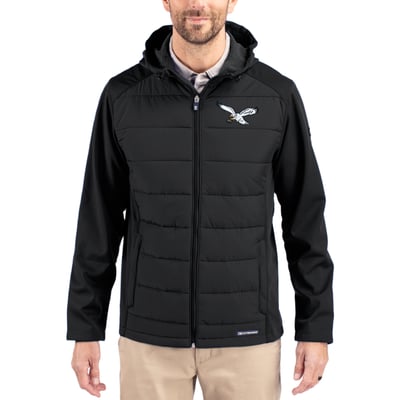 Philadelphia Eagles Cutter & Buck Throwback Evoke Hybrid Eco Softshell Recycled Full-Zip Hoodie Jacket - Black