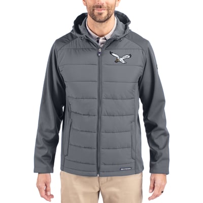 Philadelphia Eagles Cutter & Buck Throwback Evoke Hybrid Eco Softshell Recycled Full-Zip Hoodie Jacket - Gray