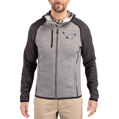  Philadelphia Eagles Cutter & Buck Throwback Mainsail Sweater-Knit Full-Zip Hoodie - Heather Gray/Heather Charcoal