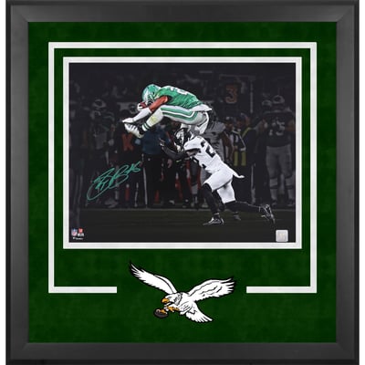 Saquon Barkley Philadelphia Eagles Autographed Fanatics Authentic Deluxe Framed 16" x 20" Reverse Hurdle Spotlight Photograph - Green Ink
