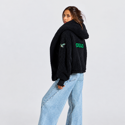 Philadelphia Eagles by Jill Martin Women's Remix Cropped Chenille Patch Sherpa Lounger Jacket - Black