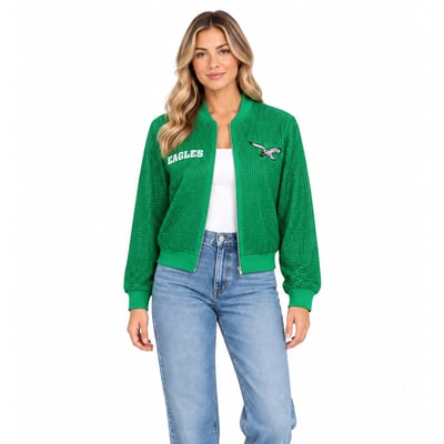 Philadelphia Eagles FABGATING by Cuce Women's Crystal Full-Zip Bomber Jacket - Kelly Green