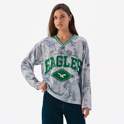  Philadelphia Eagles Off Season x NFL Women's Camo Mesh Long Sleeve V-Neck Top - Gray