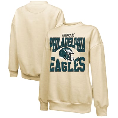 Philadelphia Eagles Majestic Threads Women's Super Bowl LIX Fadeaway Helmet Oversized Tri-Blend Pullover Sweatshirt - Cream