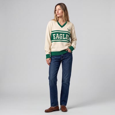 Philadelphia Eagles Mitchell & Ness Women's Retro Roots V-Neck Sweater - Cream/Kelly Green