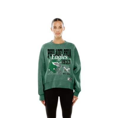  Philadelphia Eagles New Era Women's Throwback Mineral Wash Boxy Fleece Crewneck Sweatshirt - Kelly Green