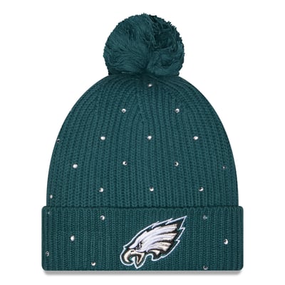 Philadelphia Eagles New Era Women's Rhinestone Cuffed Knit Hat with Pom - Midnight Green