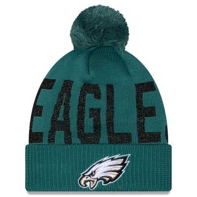 Philadelphia Eagles New Era Women's Shimmer Cuffed Knit Hat with Pom - Midnight Green