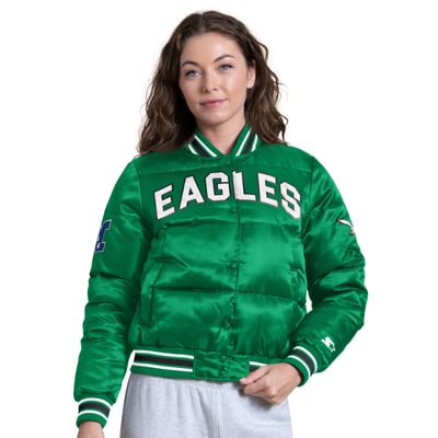 Philadelphia Eagles Starter Women's Vintage Pump Fake Puffer Full Snap Cropped Jacket - Kelly Green