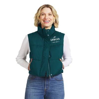  Philadelphia Eagles WEAR by Erin Andrews Women's Cropped Puffer Full-Zip Vest - Midnight Green