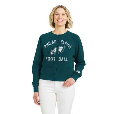  Philadelphia Eagles WEAR by Erin Andrews Women's Heathered Crew Full-Button Cardigan - Midnight Green