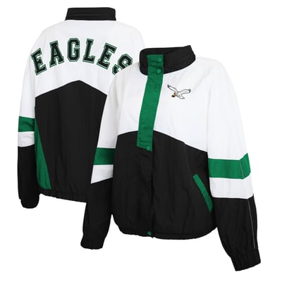  Philadelphia Eagles WEAR by Erin Andrews Women's Plus Size Plus Size Crinkle Full-Zip Hooded Windbreaker - White/Black