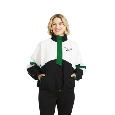  Philadelphia Eagles WEAR by Erin Andrews Women's Throwback Crinkle Full-Zip Hooded Windbreaker Jacket - White/Black