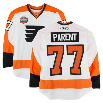 Ryan Parent Philadelphia Flyers Fanatics Authentic Practice-Used #77 White Jersey vs. Boston Bruins on January 1, 2010 