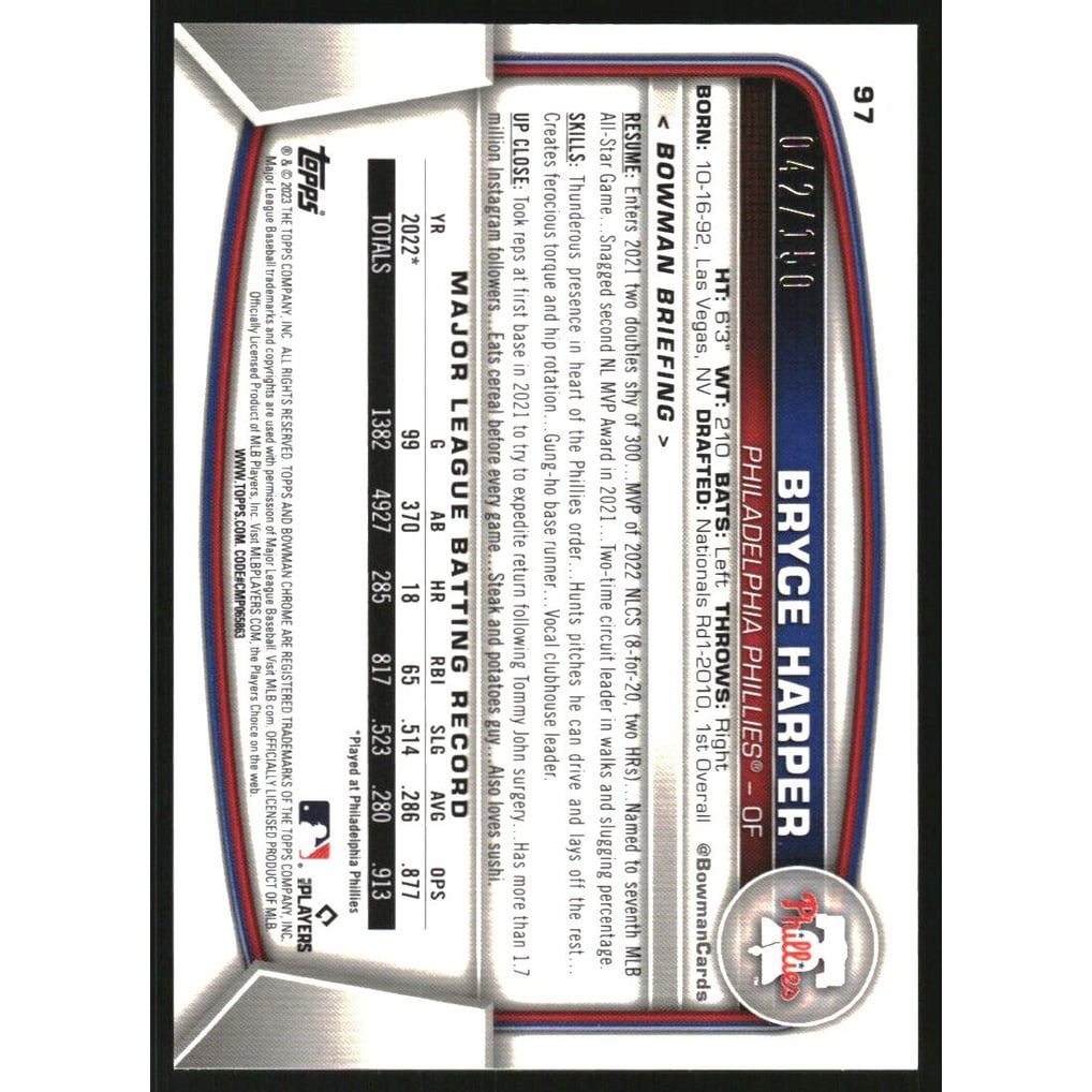 2023 Bowman Chrome Blue Refractors #97 Bryce Harper