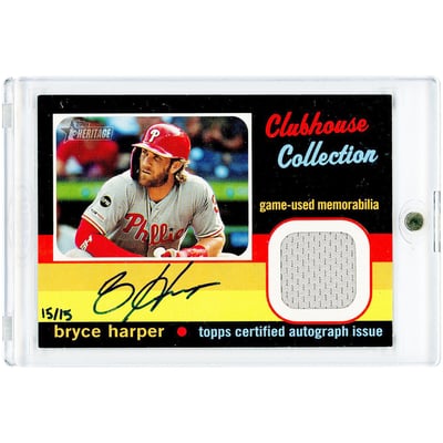 Bryce Harper Philadelphia Phillies Autographed 2020 Topps Heritage Clubhouse Collection Game Used Relic #CCAR-BH #15/15 Card