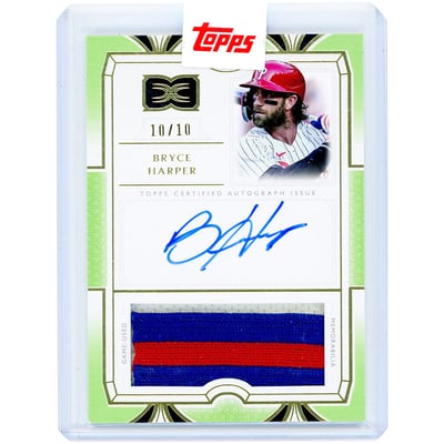 Bryce Harper Philadelphia Phillies Autographed 2024 Topps Definitive Collection Tri-Color Game Used Relic Green #DAR-BH #10/10 Card