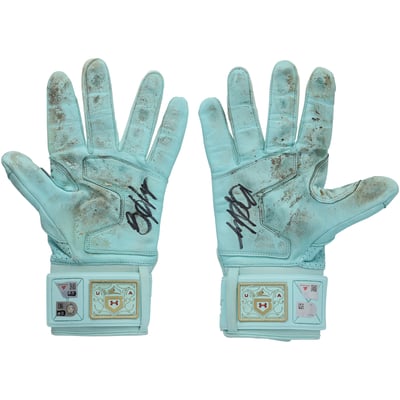 Bryce Harper Philadelphia Phillies Autographed Fanatics Authentic Game-Used Teal Under Armour Batting Gloves from the 2026 MLB Season