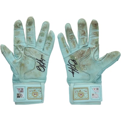 Bryce Harper Philadelphia Phillies Autographed Fanatics Authentic Game-Used Teal Under Armour Batting Gloves from the 2026 MLB Season