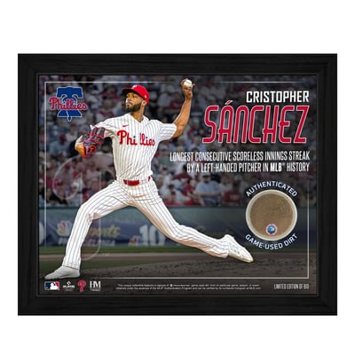 Cristopher Sanchez Philadelphia Phillies 9" x 11" Scoreless Innings Framed Photograph with Game-Used Dirt Slab