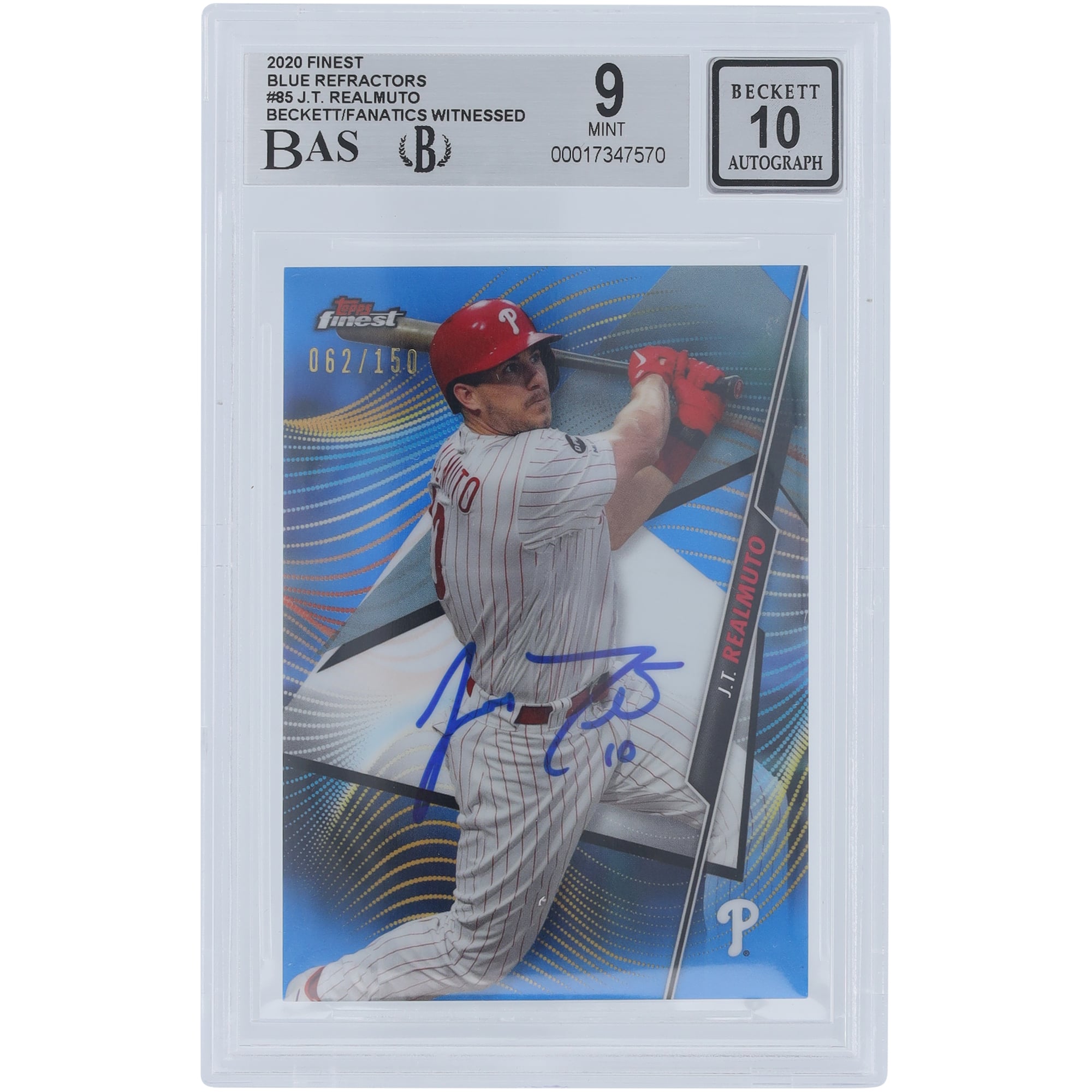J.T. Realmuto Philadelphia Phillies Autographed 2020 Topps Finest Blue Refractors #85 #/150 Beckett Fanatics Witnessed Authenticated 9/10 Card