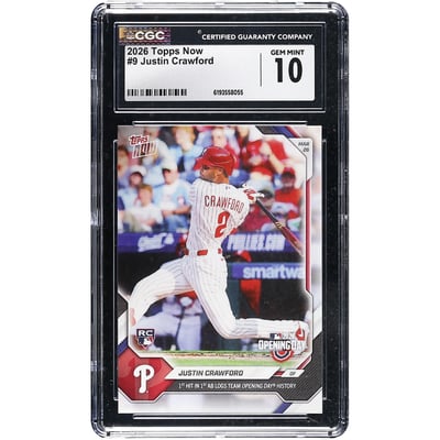 Justin Crawford Philadelphia Phillies 2026 Topps Now 1st Hit in 1st AB Logs Team Opening Day History #9 CGC Authenticated 10 Rookie Card