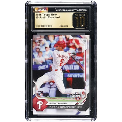Justin Crawford Philadelphia Phillies 2026 Topps Now 1st Hit in 1st AB Logs Team Opening Day History #9 CGC Authenticated Pristine 10 Rookie Card