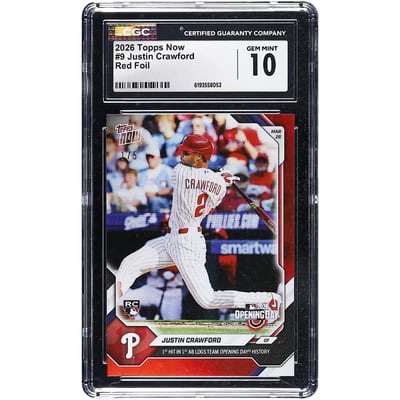 Justin Crawford Philadelphia Phillies 2026 Topps Now 1st Hit in 1st AB Logs Team Opening Day History Red Foil #9 #/5 CGC Authenticated 10 Rookie Card