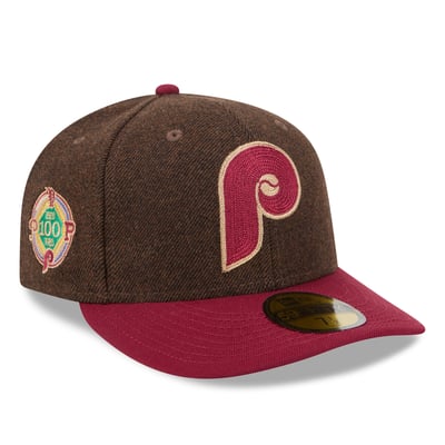 Philadelphia Phillies New Era Cooperstown Collection Brushed Patch Low Profile 59FIFTY Fitted Hat - Dark Brown/Burgundy
