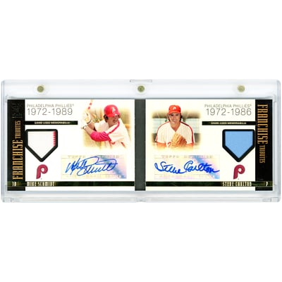 Mike Schmidt & Steve Carlton Autographed 2009 Topps Tribute Franchise Tributes Dual Game Used Tri-Color Relics #DARBC-SC #5/25 Card 
