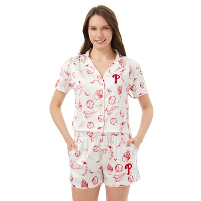  Philadelphia Phillies Concepts Sport Women's Hilton Satin Allover Print Button-Up Shirt & Shorts Set - White