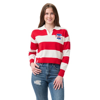 Philadelphia Phillies Lusso Women's Silvia Boxy Rugby V-Neck Sweater - Red/Cream