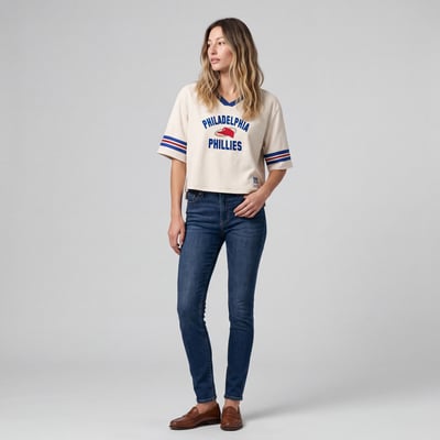  Philadelphia Phillies Mitchell & Ness Women's Cooperstown Collection Retro Roots Crop Boxy Yoke T-Shirt - Cream