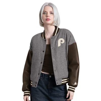  Philadelphia Phillies Starter Women's Zone Blitz Cropped Full-Snap Varsity Jacket - Charcoal