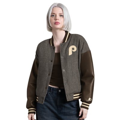  Philadelphia Phillies Starter Women's Zone Blitz Cropped Full-Snap Varsity Jacket - Charcoal
