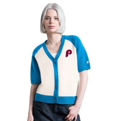 Philadelphia Phillies Starter Women's Cooperstown Collection Key Player Tri-Blend Cropped Button-Up Raglan Short Sleeve Sweater - Cream
