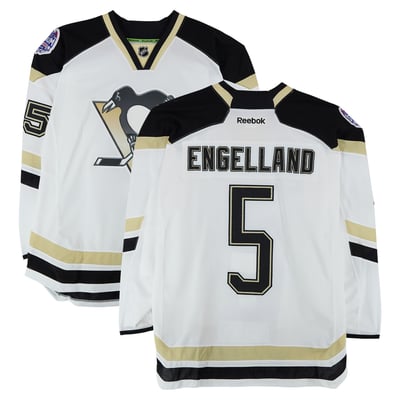 Deryk Engelland Pittsburgh Penguins Fanatics Authentic Practice-Used #5 White Jersey vs. Chicago Blackhawks on March 1, 2014 - Worn During Warm-Ups