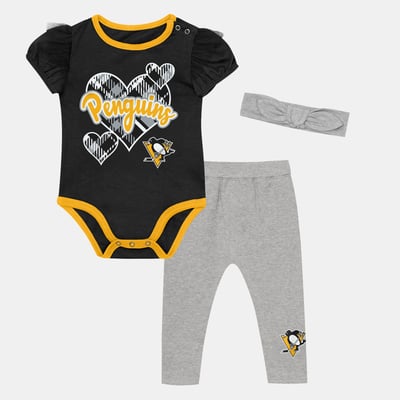 Pittsburgh Penguins Outerstuff Girls Newborn & Infant Fumble Fairy Bodysuit, Pants & Headband Three-Piece Set - Black/Gray