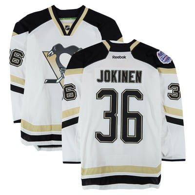 Jussi Jokinen Pittsburgh Penguins Fanatics Authentic Practice-Used #36 White Jersey vs. Chicago Blackhawks on March 1, 2014 - Worn During Warm-Ups