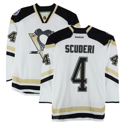Rob Scuderi Pittsburgh Penguins Fanatics Authentic Practice-Used #4 White Jersey vs. Chicago Blackhawks on March 1, 2014 - Worn During Warm-Ups
